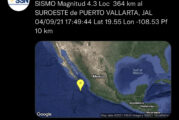 Se registra sismo de magnitud 4.3 al suroeste de Puerto Vallarta, Jalisco