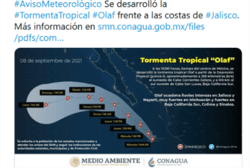 Seguirán las lluvias: Tormenta tropical ''Olaf'' se forma frente a costas de Jalisco